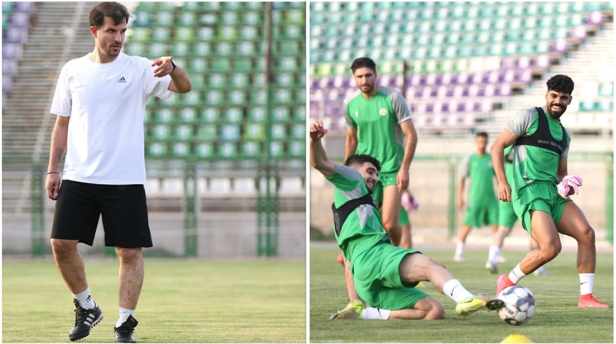 قاسم حدادی فر سرمربی ذوب آهن اصفهان با امید لطیفی و شاهین طاهرخانی بازیکنان ذوب آهن اصفهان