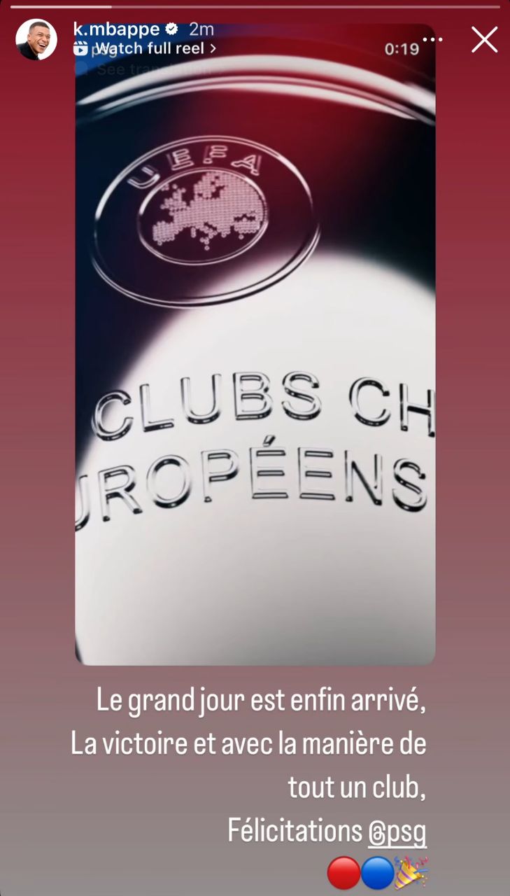 استوری کیلیان امباپه و تبریک به پاری سن ژرمن 