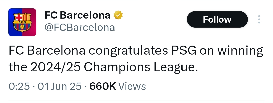 تبریک بارسلونا به پاری سن ژرمن 