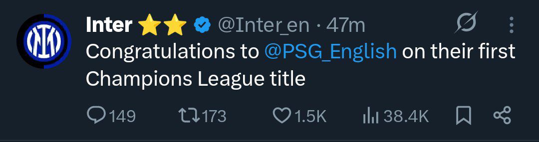 interx_20250601_020301_719 تبریک اینتر به پاری سن ژرمن برای قهرمانی در لیگ قهرمانان اروپا