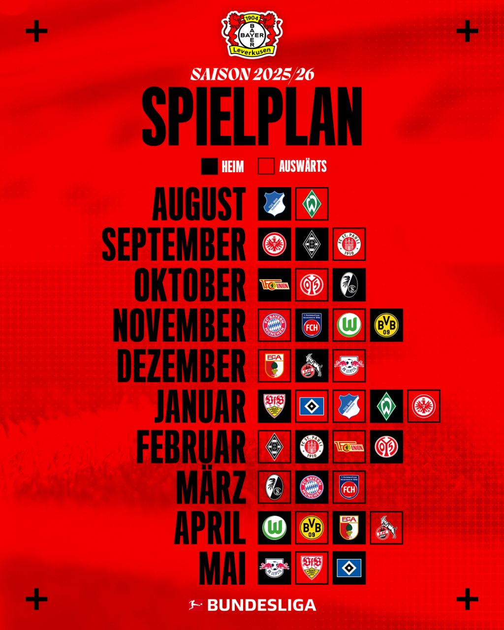 تقویم بازی‌های فصل ۲۶-۲۰۲۵ بوندسلیگا - بایرلورکوزن