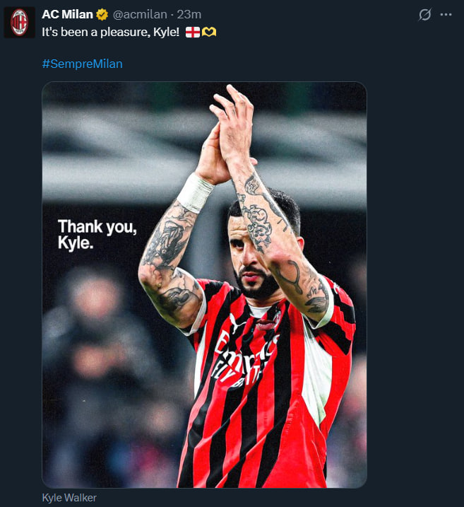 توییت خداحافظی میلان با کایل واکر