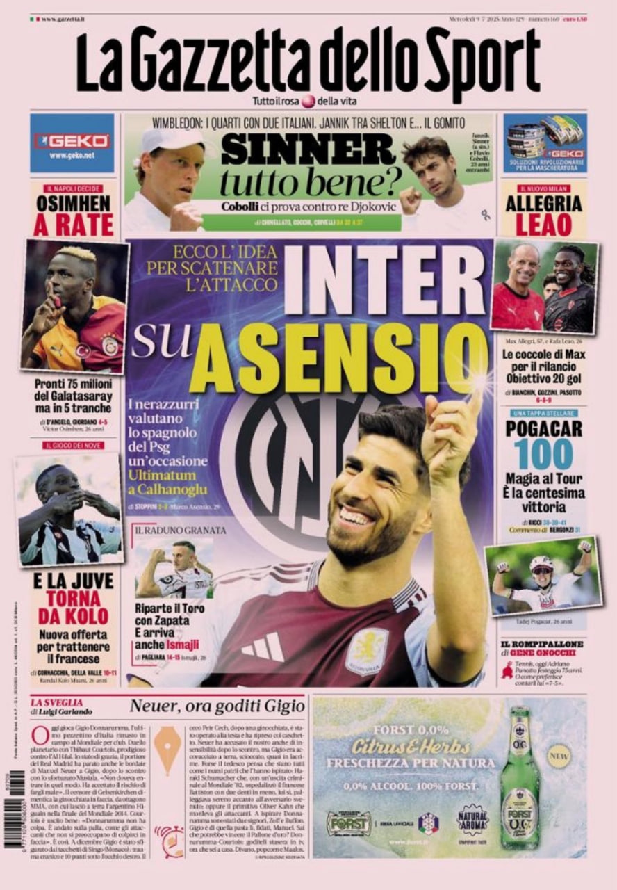 gazzetta_asensio_2025-07-09_02-32-39 صفحه نخست گاتزتا در تاریخ 9 ژوئیه 2025