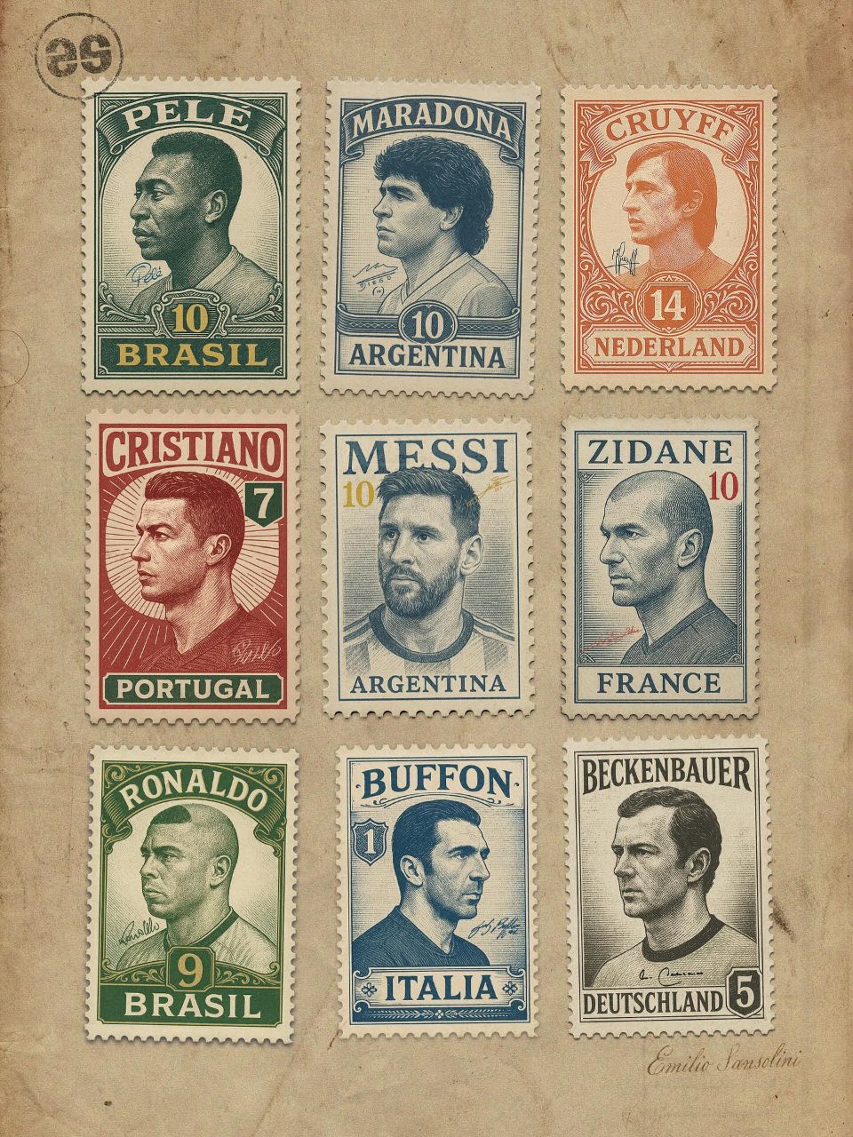 طرحی جذاب از تمبرهای یادبود بازیکنان افسانه‌ای فوتبال