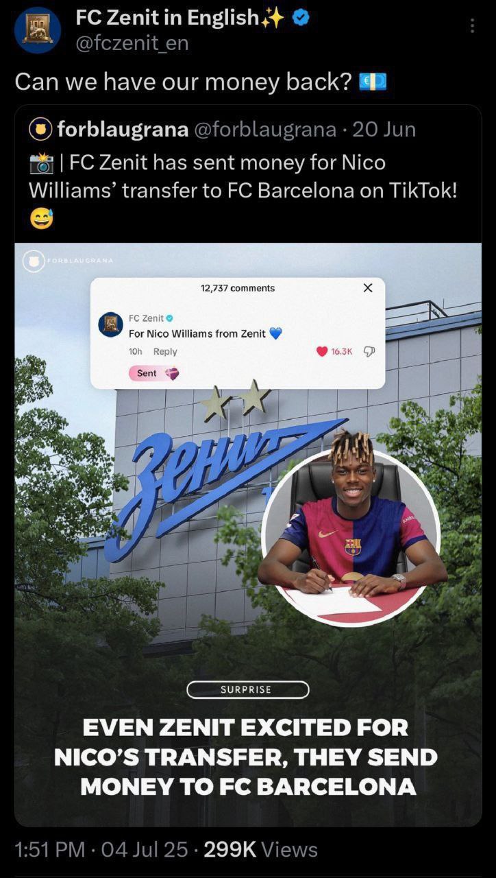 واکنش جنجالی زنیت به منتفی شدن انتقال نیکو ویلیامز به بارسلونا
