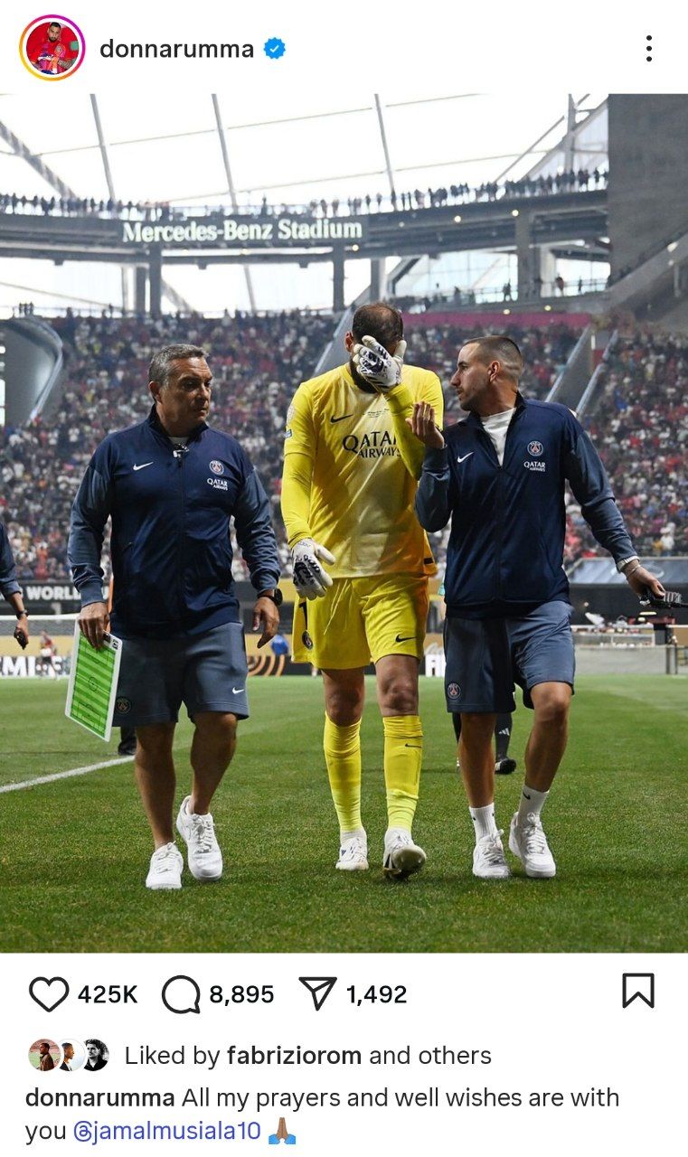 واکنش جانلوییجی دوناروما به مصدومیت موسیالا پس از برخورد با او