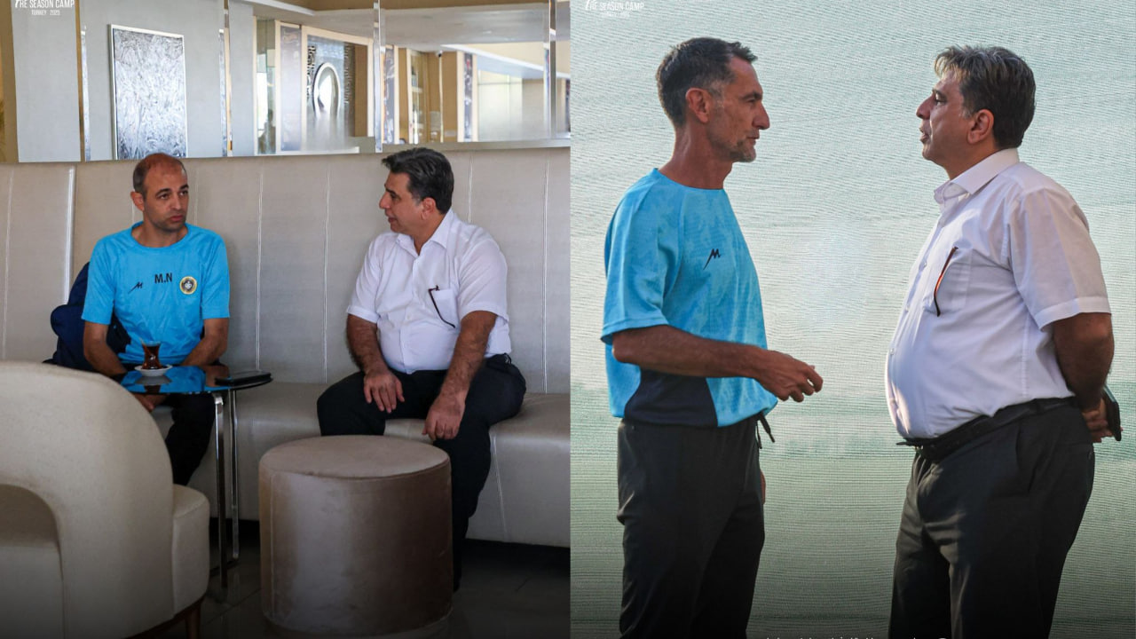 منوچهر نیکفر مدیرعامل سپاهان اصفهان - محرم نویدکیا سرمربی سپاهان - گابریل پین مربی سپاهان اصفهان - اردوی ترکیه - لیگ برتر ایران