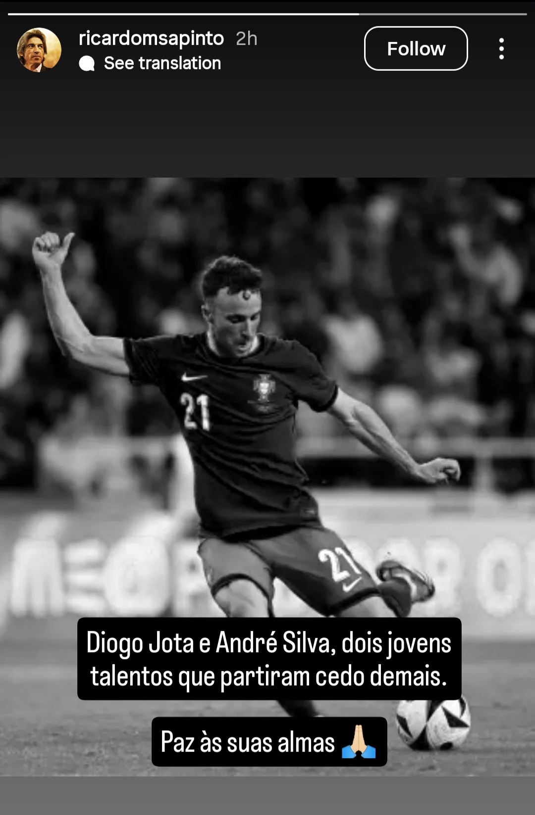 عکس از استوری ریکاردو ساپینتو درباره مرگ دیوگو ژوتا