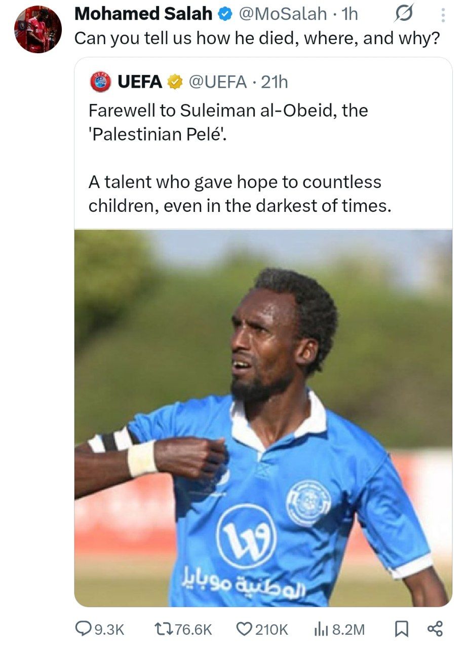 حمله محمد صلاح به یوفا پس از خودداری از نوشتن نام اسرائیل به عنوان قاتل فوتبالیست فلسطینی