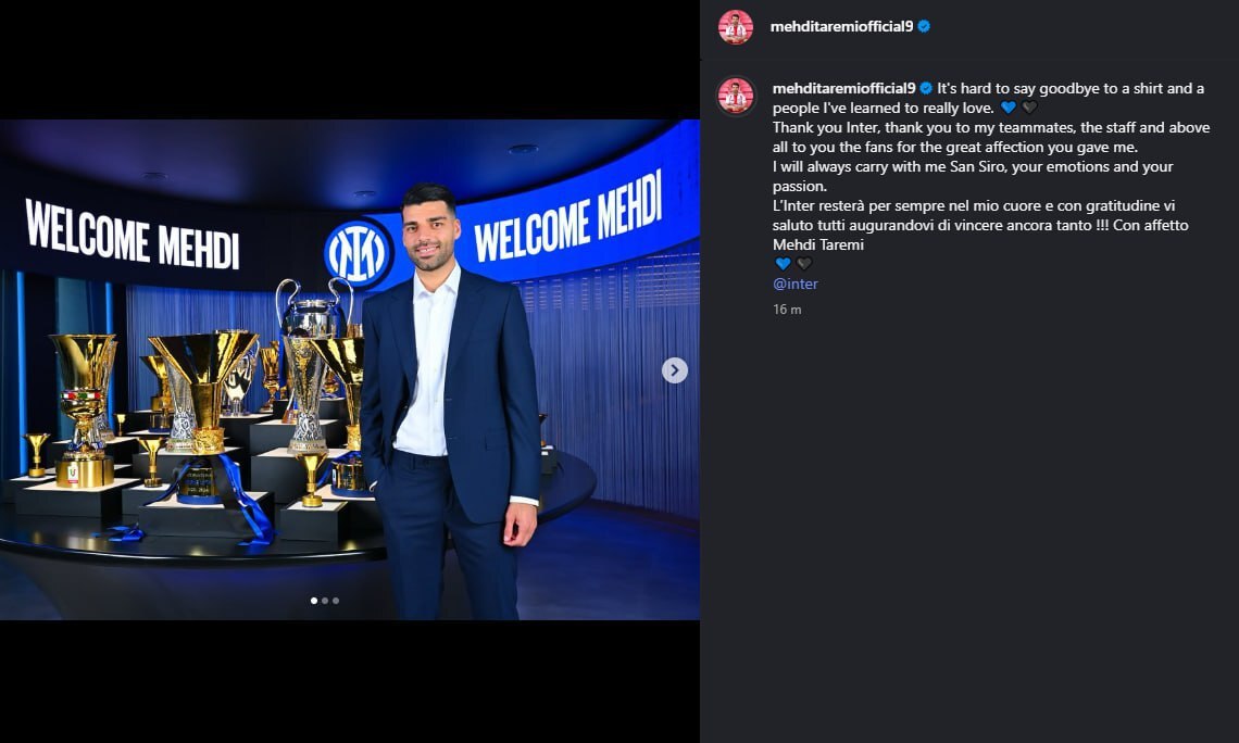 خداحافظی مهدی طارمی با اینتر