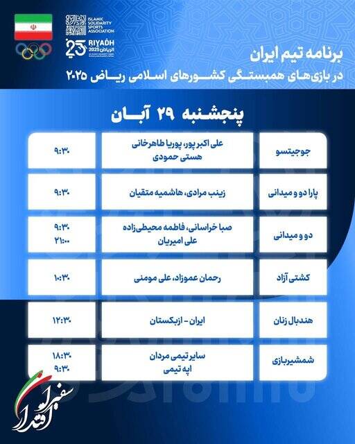 4540796 برنامه کاروان ایران در سیزدهمین روز بازیهای کشورهای اسلامی ریاض