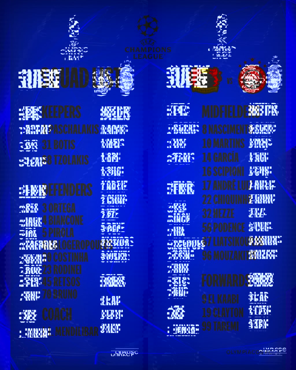 عکس از لیست المپیاکوس برای بازی با بایرلورکوزن