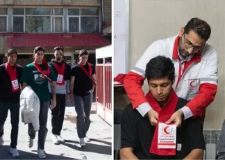 اعضای تیم ملی هندبال ساحلی در لباس هلال احمر