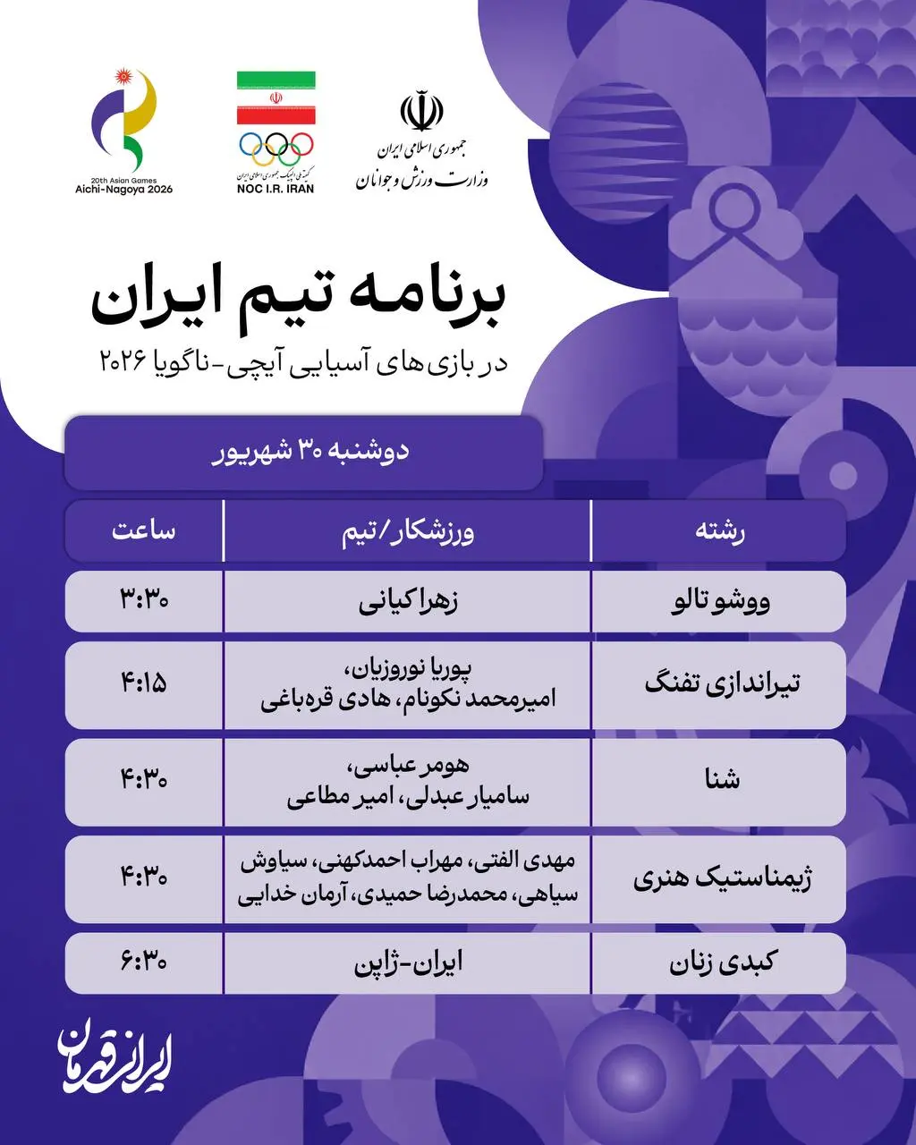 1-244 برنامه روز دوم نمایندگان ایران در بازی های آسیایی ناگویا