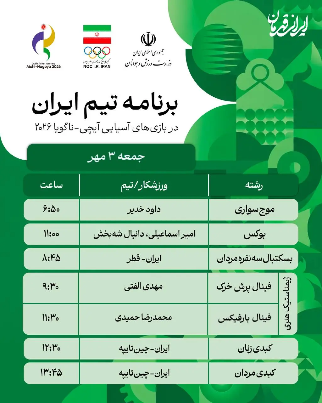 1-413 برنامه روز ششم نمایندگان ایران در بازی های آسیایی ناگویا