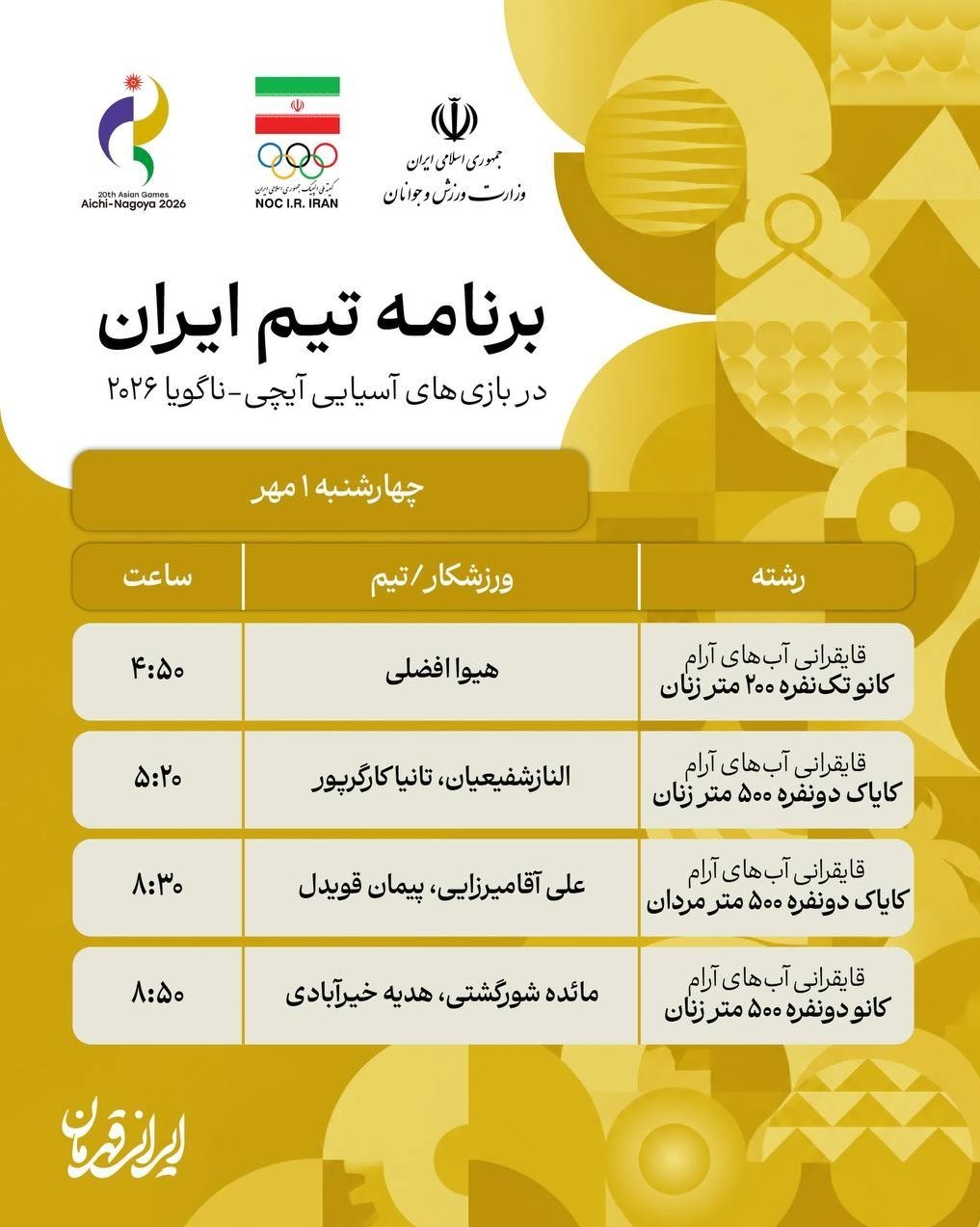 1405063117441104382953910 ورزش , بازیهای آسیایی 2026 ناگویا ,