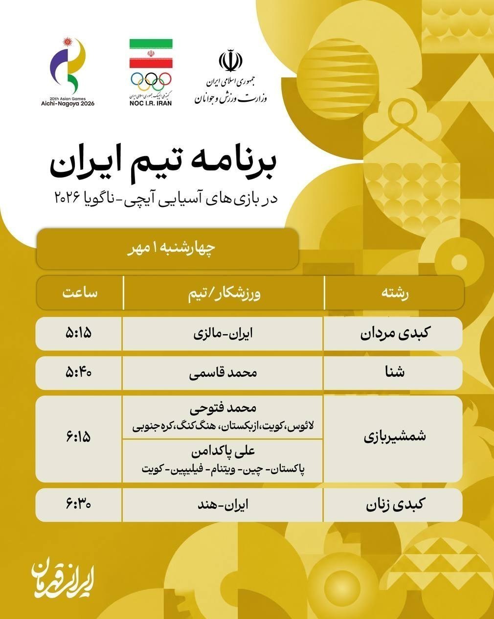 14050701033619761382990810-10 بازیهای آسیایی 2026 ناگویا , روئینگ , ووشو , ووشو ایران , ورزش بانوان , ورزش بانوان ایران , کبدی , تیم ملی کبدی ایران , کبدی ایران , تیراندازی , تیراندازی ایران , هانیه رستمیان , قایقرانی , قایقرانی ایران , تنیس روی میز , تنیس روی میز ایران ,