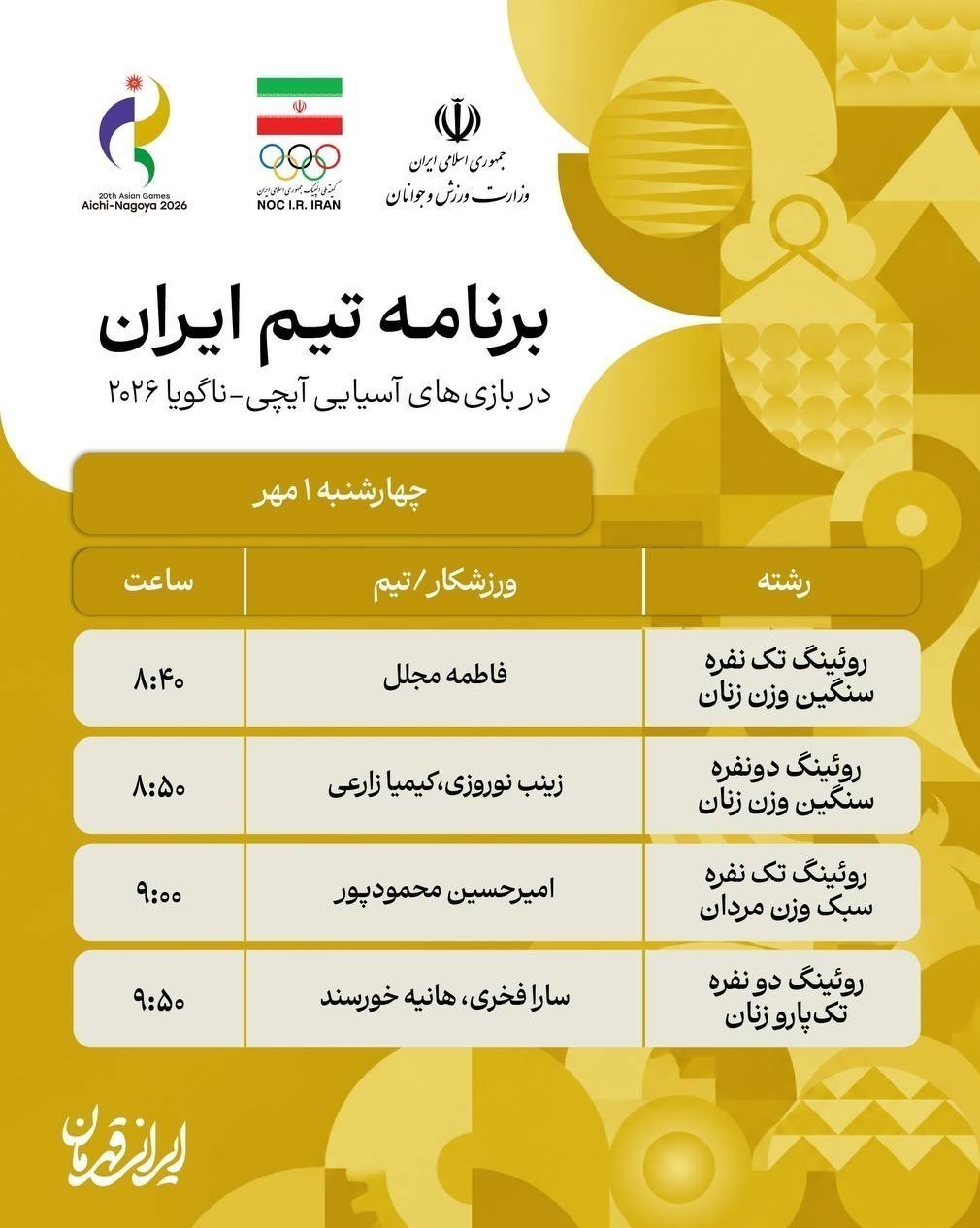 14050701033850240382991110-10 بازیهای آسیایی 2026 ناگویا , روئینگ , ووشو , ووشو ایران , ورزش بانوان , ورزش بانوان ایران , کبدی , تیم ملی کبدی ایران , کبدی ایران , تیراندازی , تیراندازی ایران , هانیه رستمیان , قایقرانی , قایقرانی ایران , تنیس روی میز , تنیس روی میز ایران ,