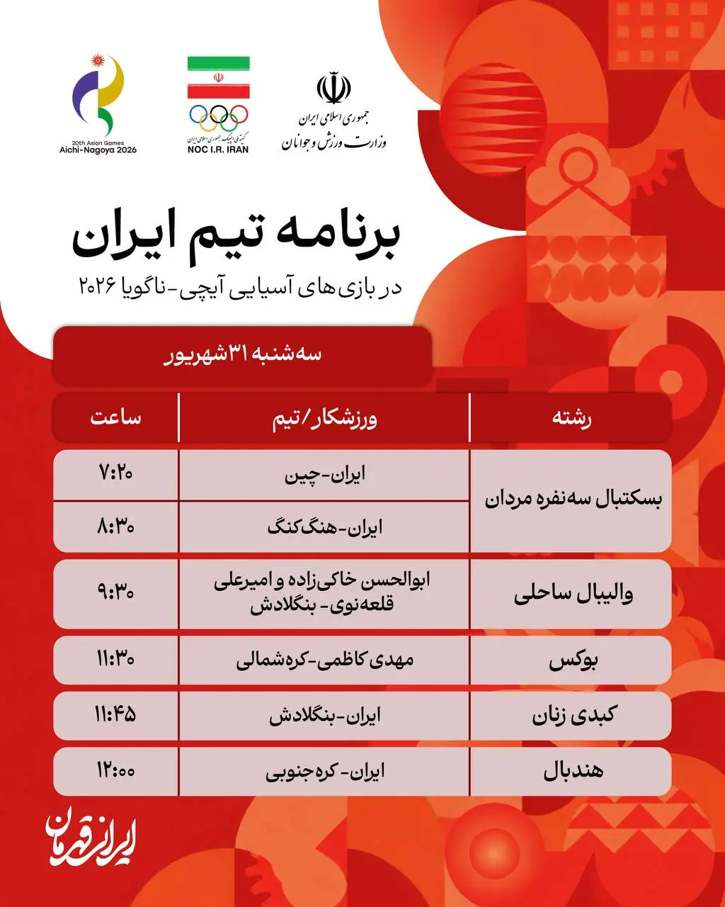 2-134 برنامه روز سوم نمایندگان ایران در بازی های آسیایی ناگویا