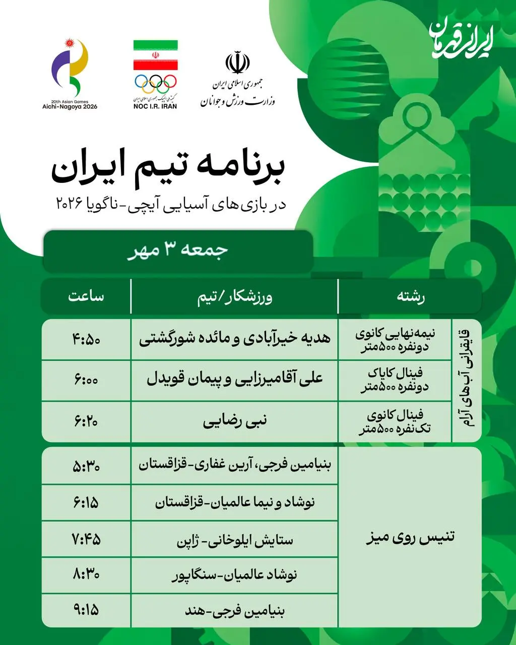 2-165 برنامه روز ششم نمایندگان ایران در بازی های آسیایی ناگویا