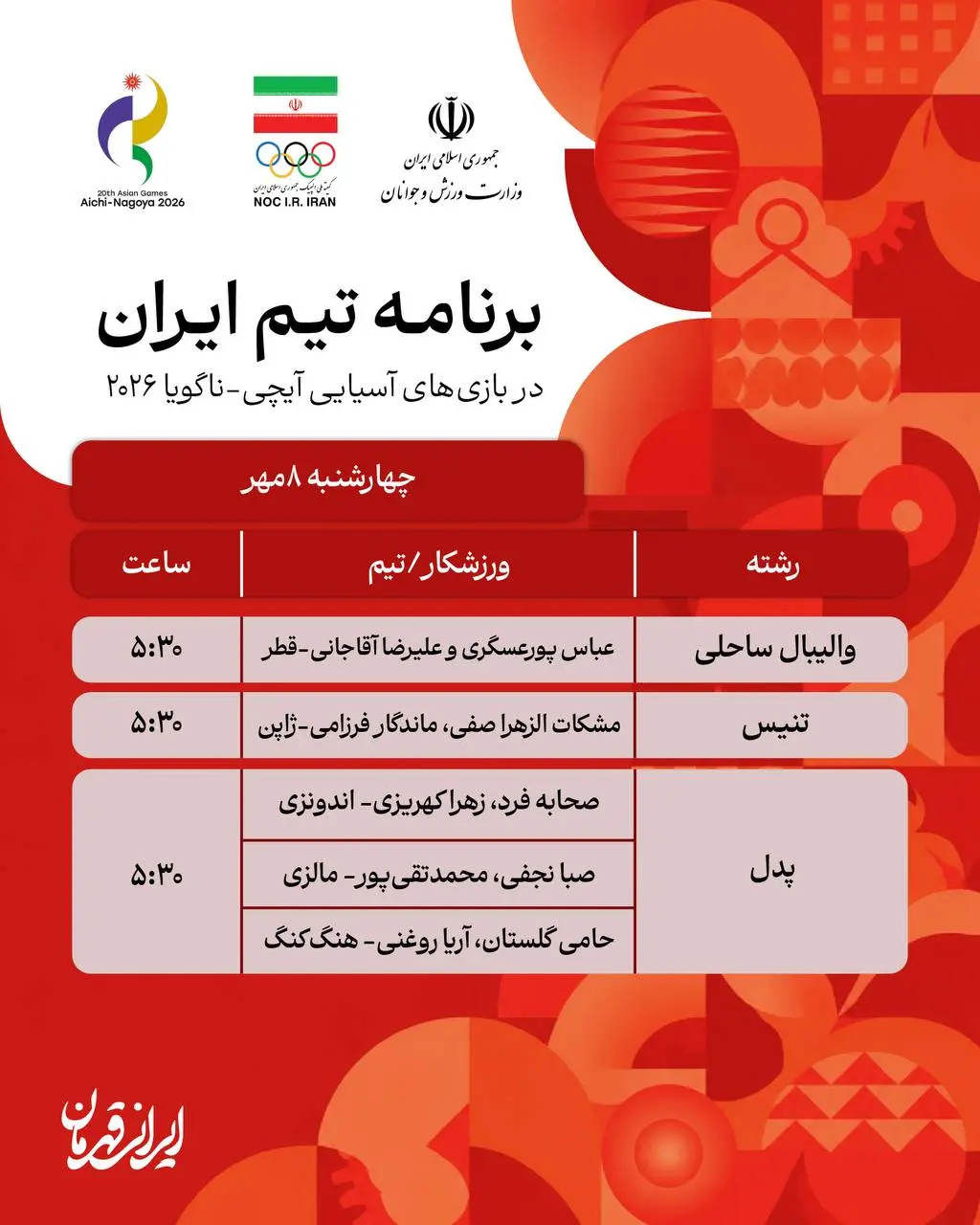 3-142 برنامه روز یازدهم نمایندگان ایران در بازی های آسیایی ناگویا