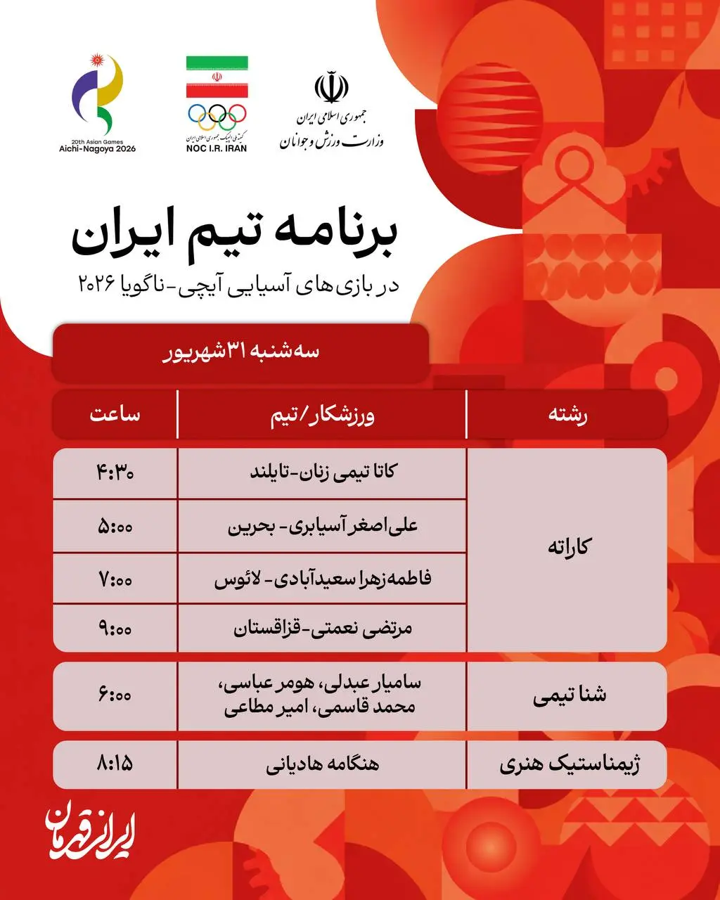 3-70 برنامه روز سوم نمایندگان ایران در بازی های آسیایی ناگویا