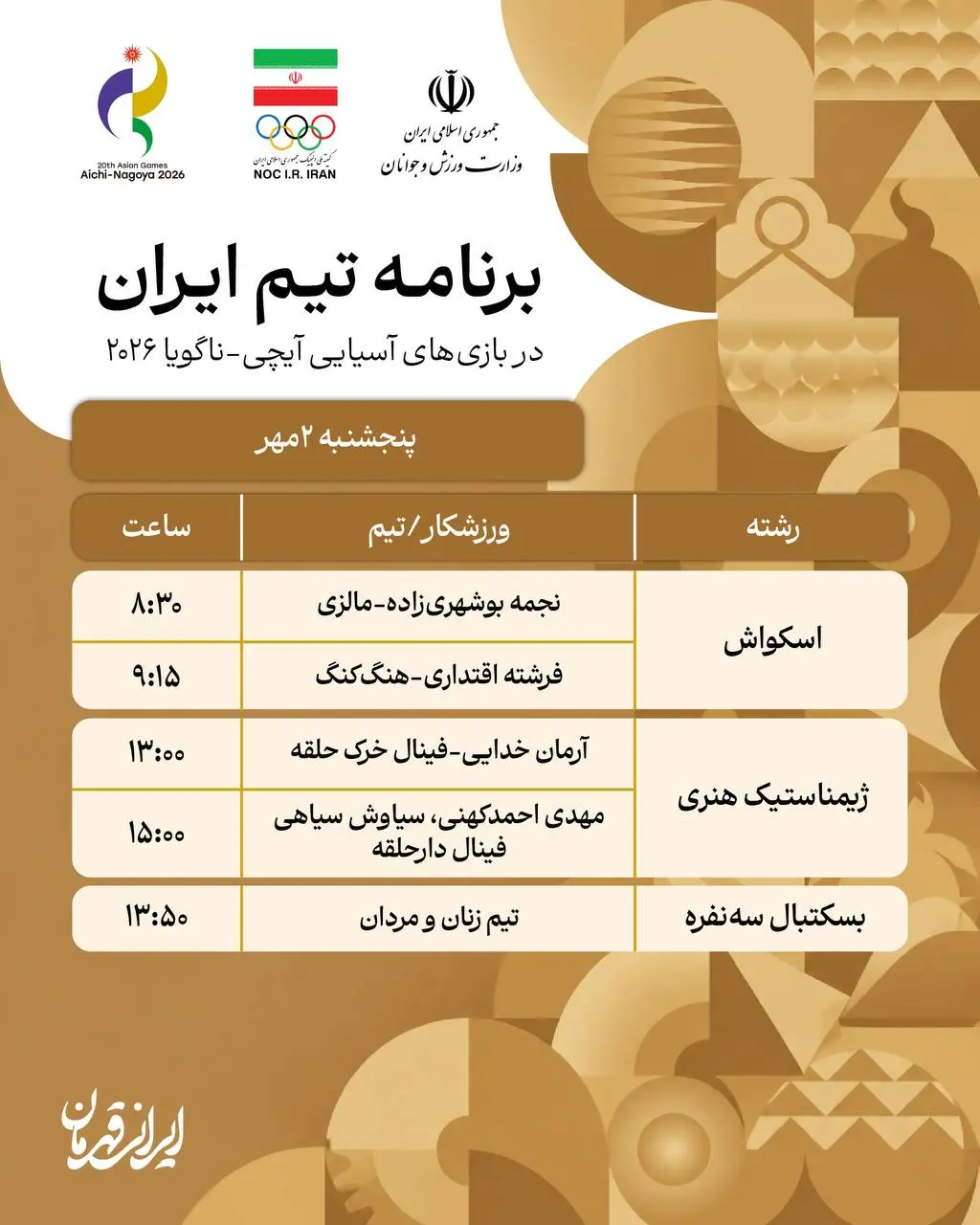 3-88 برنامه روز پنجم نمایندگان ایران در بازی های آسیایی ناگویا