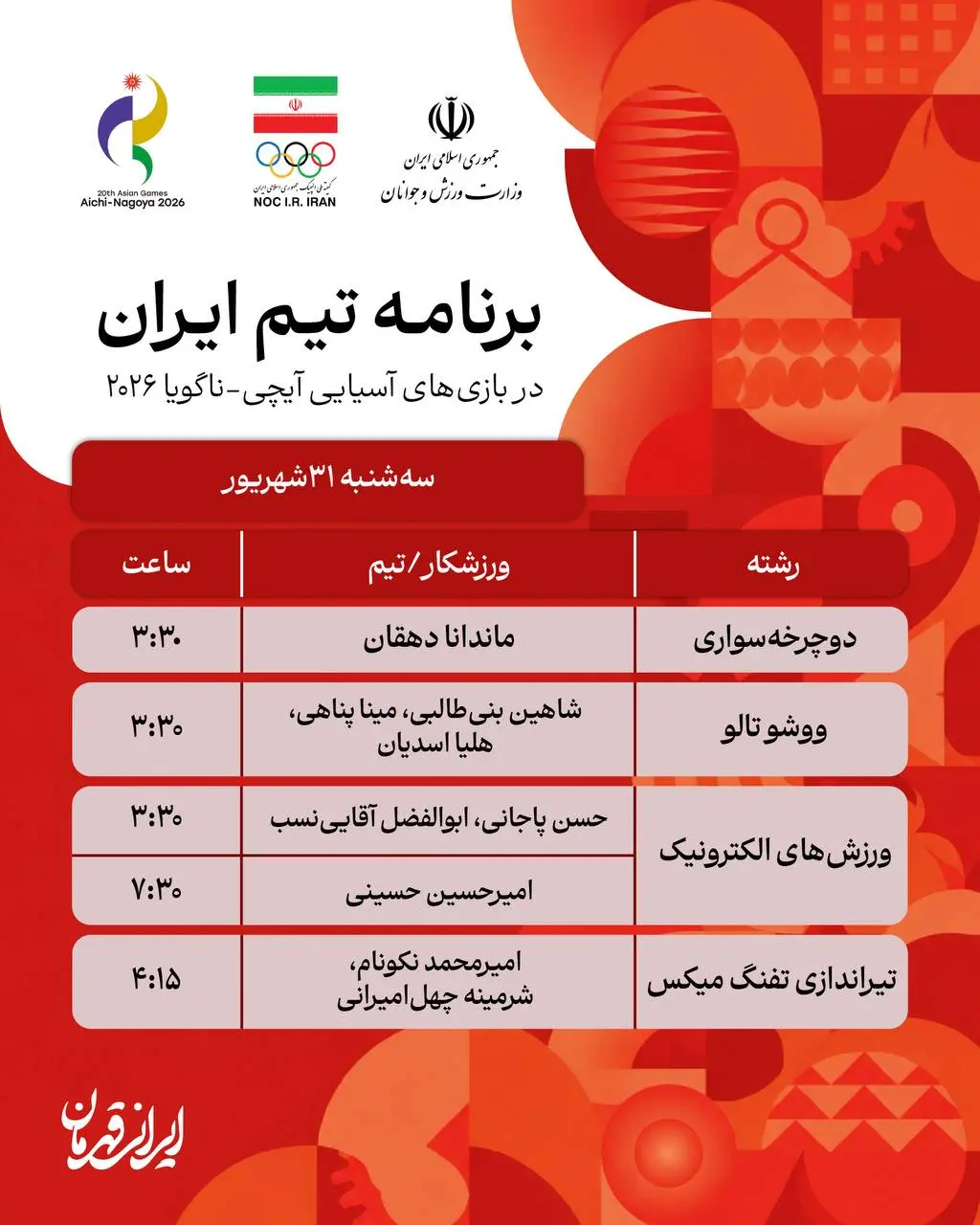 4-38 برنامه روز سوم نمایندگان ایران در بازی های آسیایی ناگویا