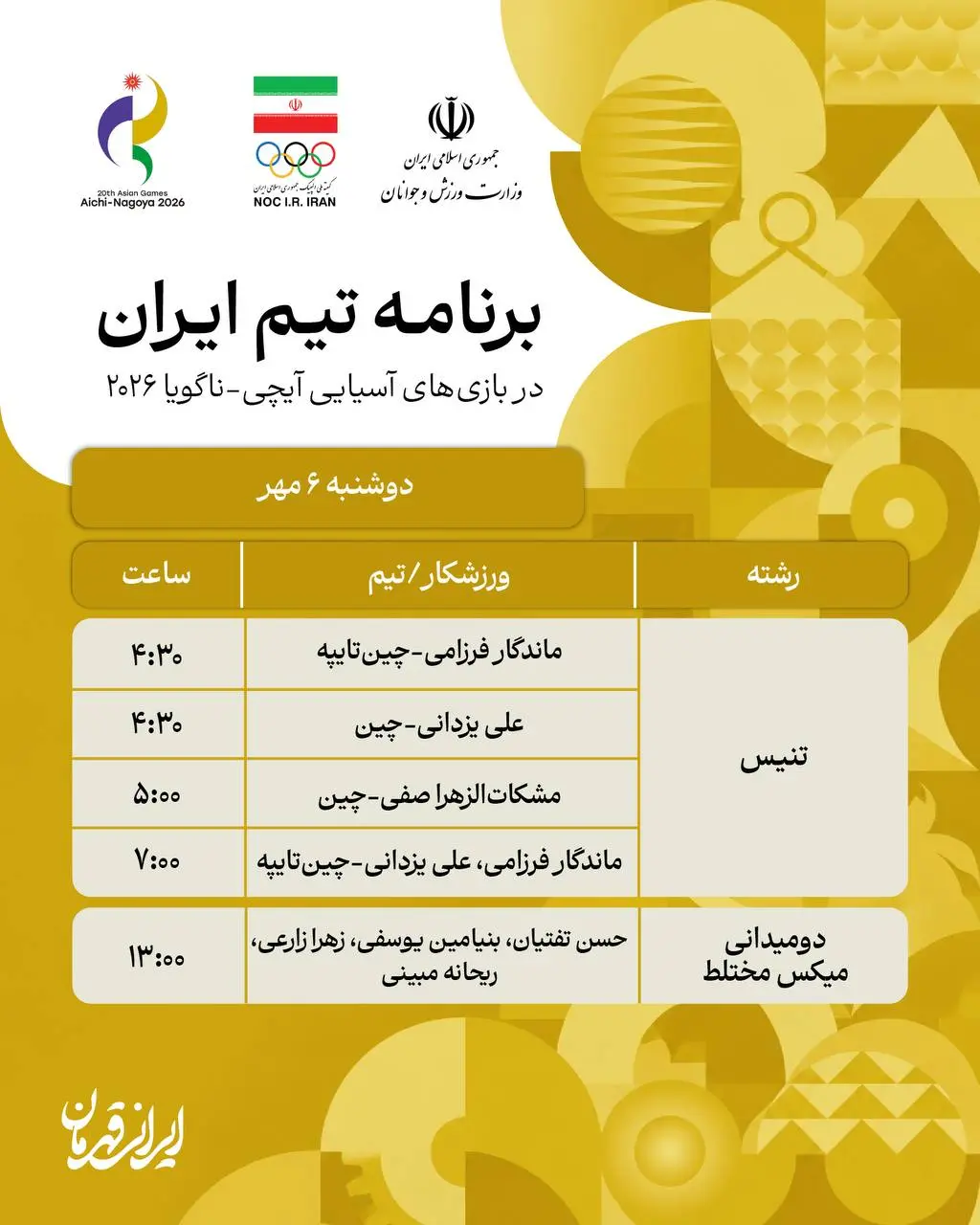 4-58 برنامه روز نهم نمایندگان ایران در بازی های آسیایی ناگویا