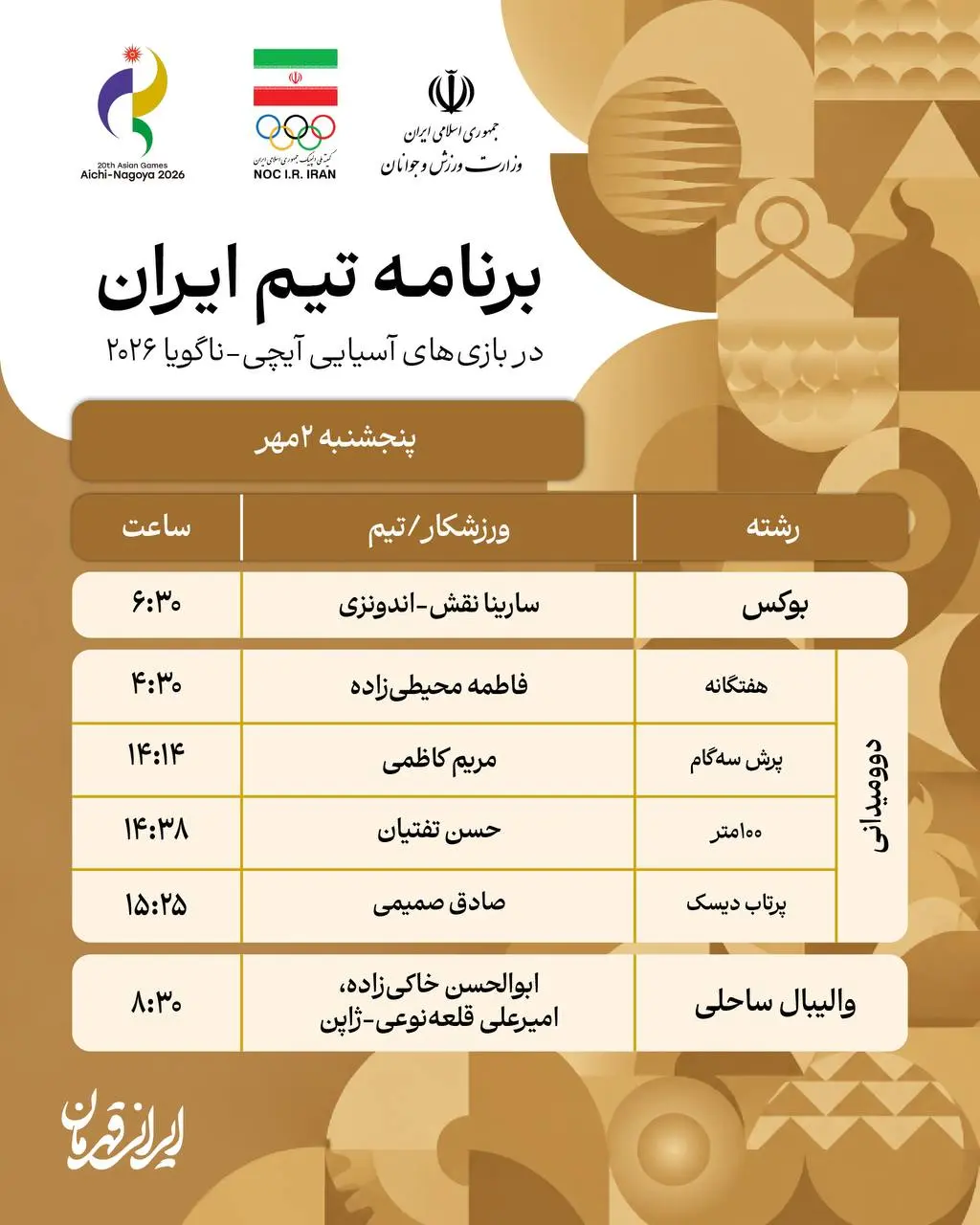 5-28 برنامه روز پنجم نمایندگان ایران در بازی های آسیایی ناگویا