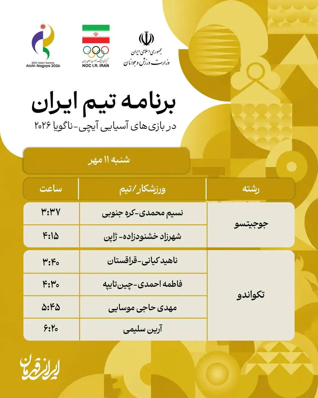 1-86 برنامه روز چهاردهم و پایانی نمایندگان ایران در بازی های آسیایی ناگویا