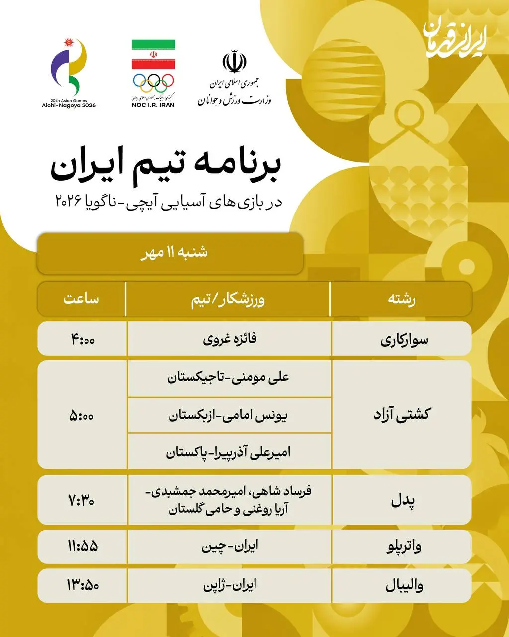 2-16 برنامه روز چهاردهم و پایانی نمایندگان ایران در بازی های آسیایی ناگویا