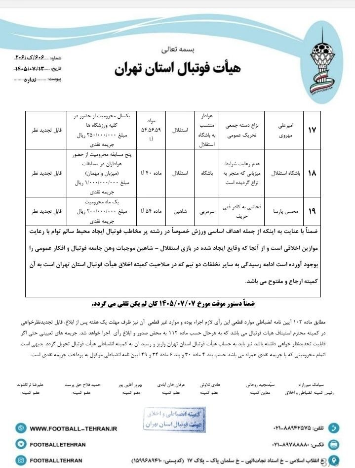 صدور آرای انضباطی بازی تیمهای نوجوانان استقلال و شاهین صدور آرای انضباطی بازی تیمهای نوجوانان استقلال و شاهین