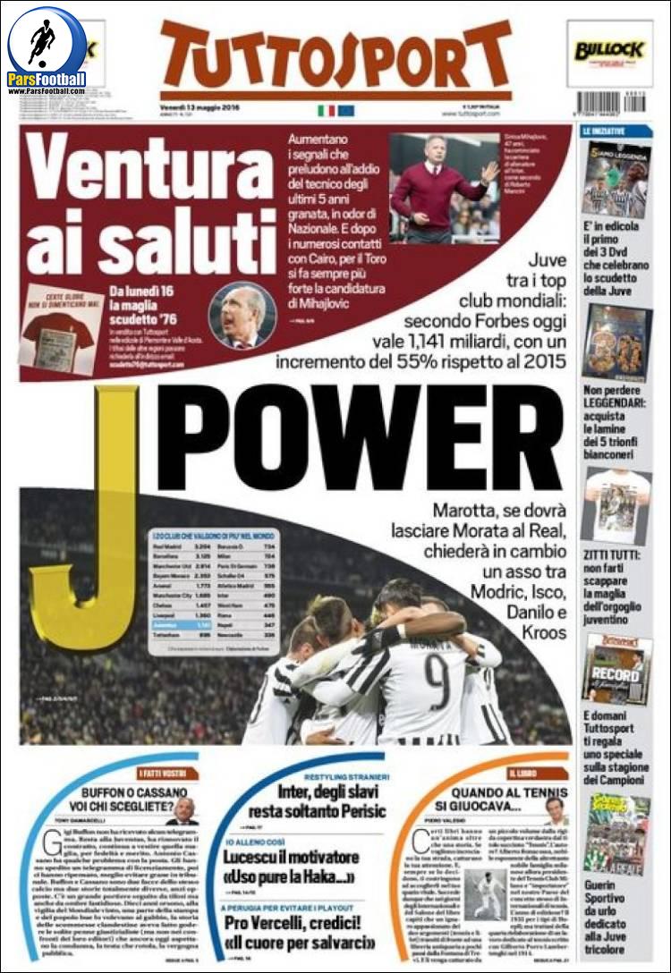 عناوین روزنامه توتو اسپورت ایتالیا 24 اردیبشت95