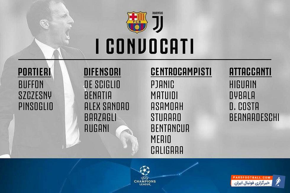 لیست نهایی بازیکنان یوونتوس برای دیدار مقابل بارسلونا در لیگ قهرمانان اروپا