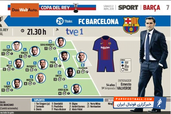 تیم فوتبال بارسلونا امشب از ساعت ۲۴ در یک بازی حساس و سرنوشت ساز در فینال مسابقات جام حذفی اسپانیا مقابل سویا قرار می گیرد.در این راستا روزنامه اسپورت کاتالونیا ترکیب احتمالی بارسا را اعلام کرد که به شرح زیر است:سیلسن، پیکه، روبرتو، اومتیتی، آلبا، اینیستا، بوسکتس، راکیتیچ، کوتینیو، مسی و سوارس.