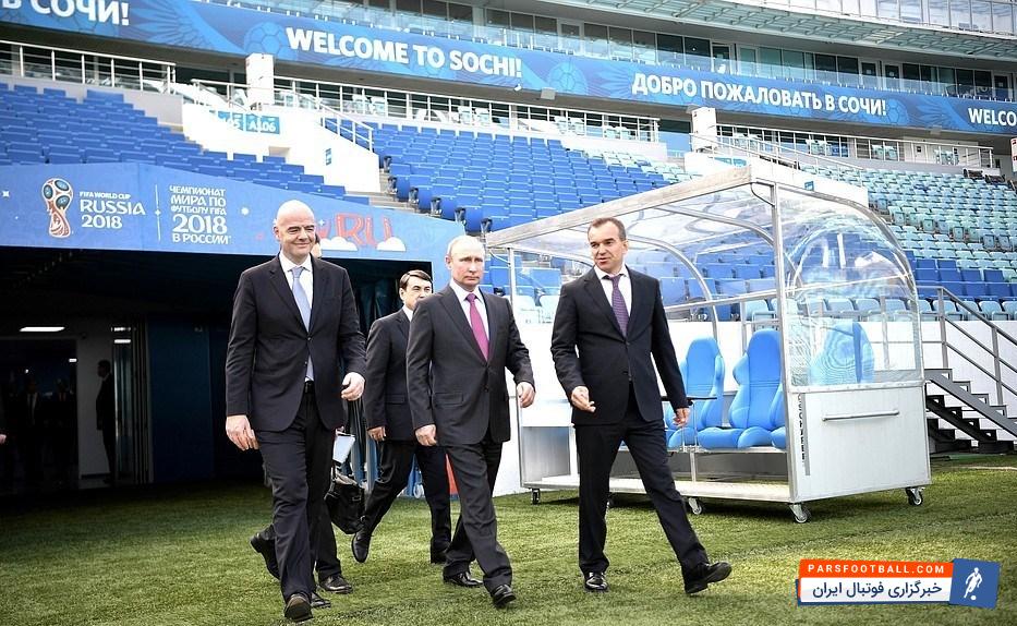 اینفانتینو رئیس فیفا و پوتین رئیس جمهور روسیه به بازدید از ورزشگاه فیشت شهر سوچی پرداختند