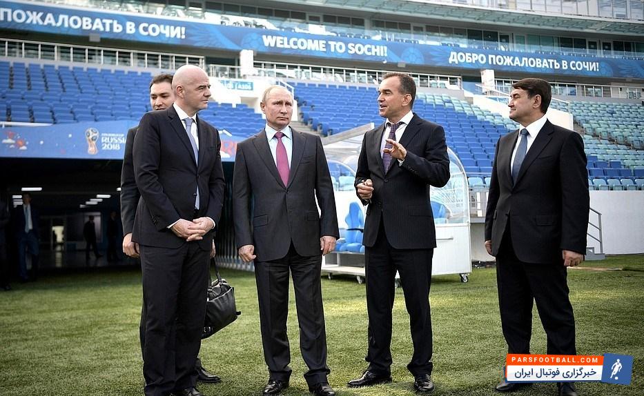 اینفانتینو رئیس فیفا و پوتین رئیس جمهور روسیه به بازدید از ورزشگاه فیشت شهر سوچی پرداختند