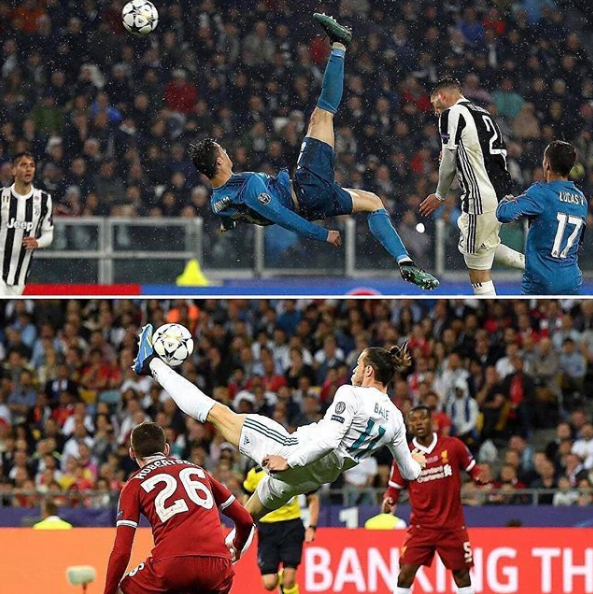 رونالدو در دیدار مقابل یووه و گرت بیل در فینال لیگ قهرمانان اروپا مقابل لیورپول قیچی برگردان های زیبایی را به دروازه حریف تحمیل کردند.