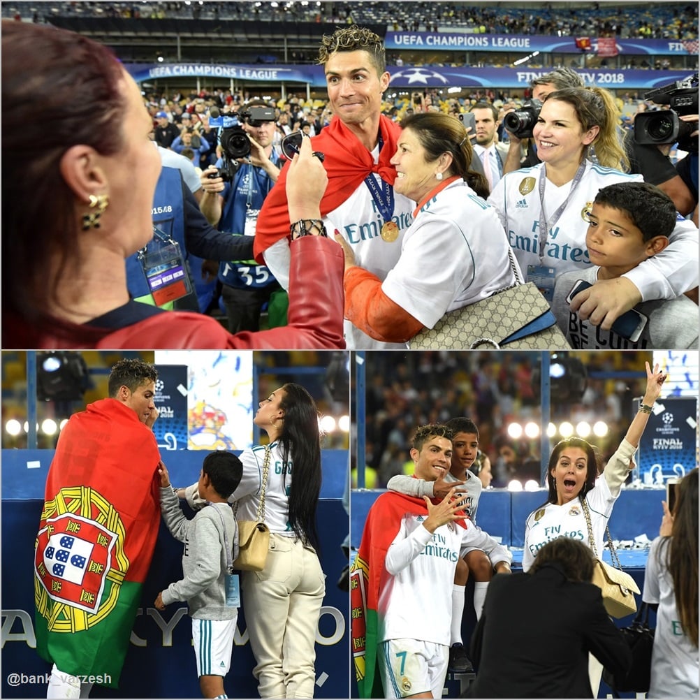 پس از پایان فینال لیگ قهرمانان اروپا که با برتری 3 بر 1 کهکشانیها مقابل لیورپول همراه بود، رونالدو به همراه مادر، همسر و فرزندش در جشم قهرمانی این تیم حاضر شد و شادی خود را با آنها سهیم شد.