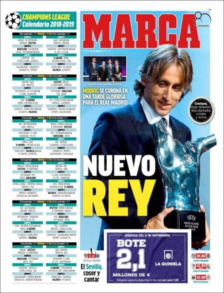 مودریچ بعنوان بهترین بازیکن اروپا انتخاب شد نشریات امروز اسپانیا به کسب عنوان بهترین بازیکن اروپا در فصل گذشته توسط مودریچ پرداخته اند.