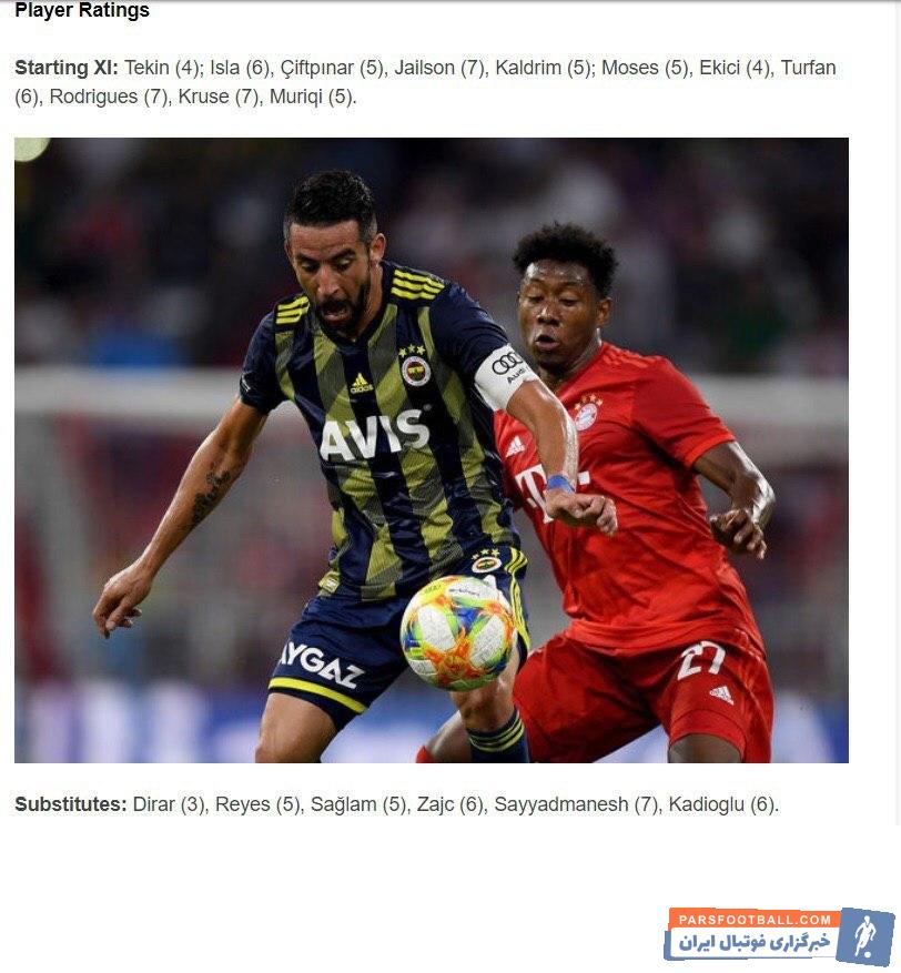 اللهیار صیادمنش در دیدار با بایرن مونیخ در آئودی کاپ از دقیقه ۶۶ به میدان آمده بود، از طرف سایت 90 min نمره ۷ را دریافت کرد .