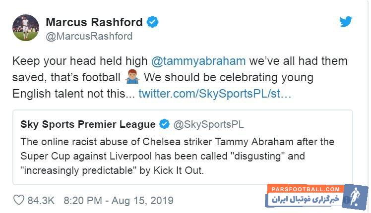 راشفورد با ارسال پیامی برای آبراهام که به خاطر از دست دادن پنالتی در سوپرجام اروپا با توهینهای نژادپرستانه مواجه شده بود از آبراهام حمایت کرد.