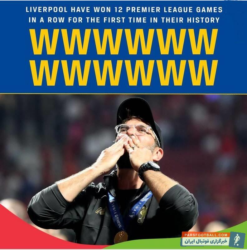 لیورپول با شکست آرسنال به رکوردی جدید دست یافت لیورپول در ۱۲ بازی پیاپی در لیگ برتر پیروز شد تا در تاریخ باشگاه خود رکورد جدیدی را به نام خود ثبت کند.