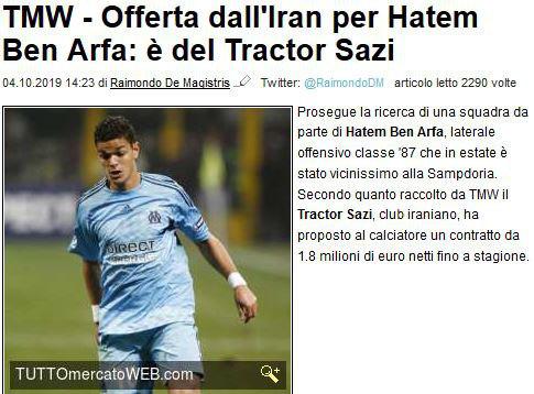 سایت توتو مرکاتو از ایتالیا مدعی شده که باشگاه تراکتور ایران به دنبال جذب حاتم بن عرفا ستاره فرانسوی پیشین تیم پاری سن ژرمن است.