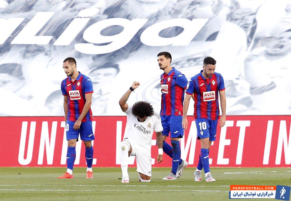 مارسلو ستاره برزیلی رئال پس از گلزنی شادی گل خاصی را به نمایش گذاشت مارسلو به یاد جورج فلوید سیاه پوست آمریکایی روی زانو نشست.