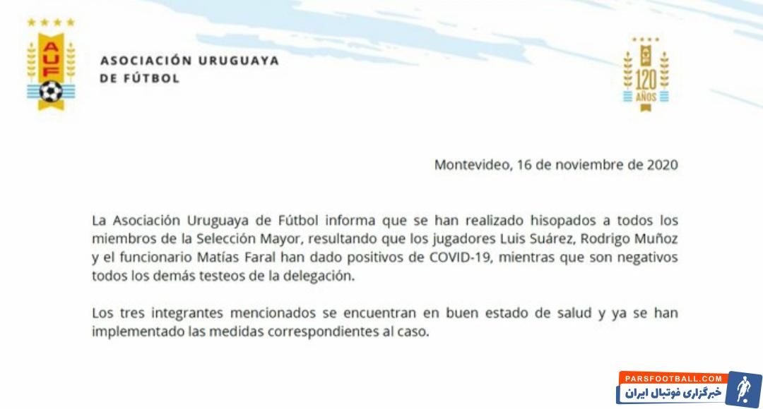 سوارز که هم اکنون در اردوی تیم ملی اروگوئه به سر میبرد به کرونا مبتلا شده است و به این ترتیب باید دوران قرنطینه را پشت سر بگذارد.