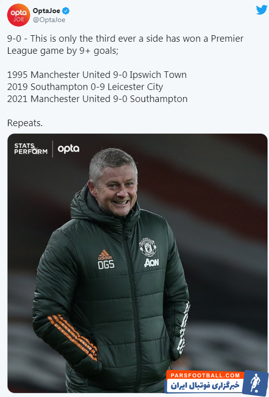 منچستریونایتد با رکورد برد با بیشترین اختلاف گل در لیگ برتر برابری کرد؛ نتیجه ای که تنها دو بار دیگر در تاریخ این مسابقات اتفاق افتاده است.