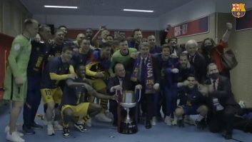 جشن قهرمانی بارسلونا در جام حذفی و شادی دیوانه‌وار لاپورتا در آغوش لیونل مسی