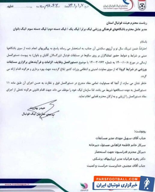 صدرو مجوز حضور ۳۰ درصدی هواداران در لیگ برتر و لیگ دسته یک